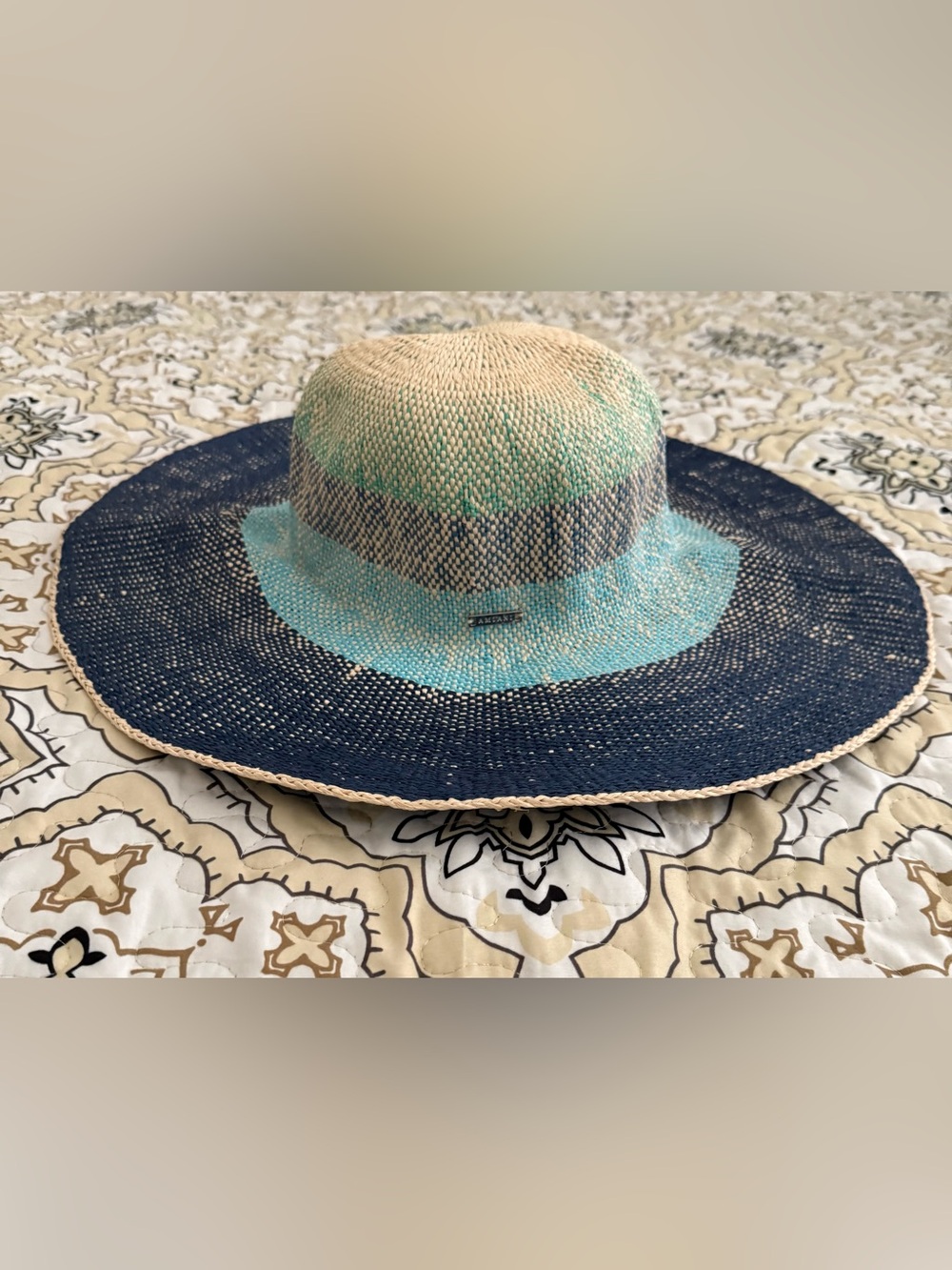 Amiani Women’s Beach Hat Green Blue Stripe Packable Resortwear Travel Logo Mint